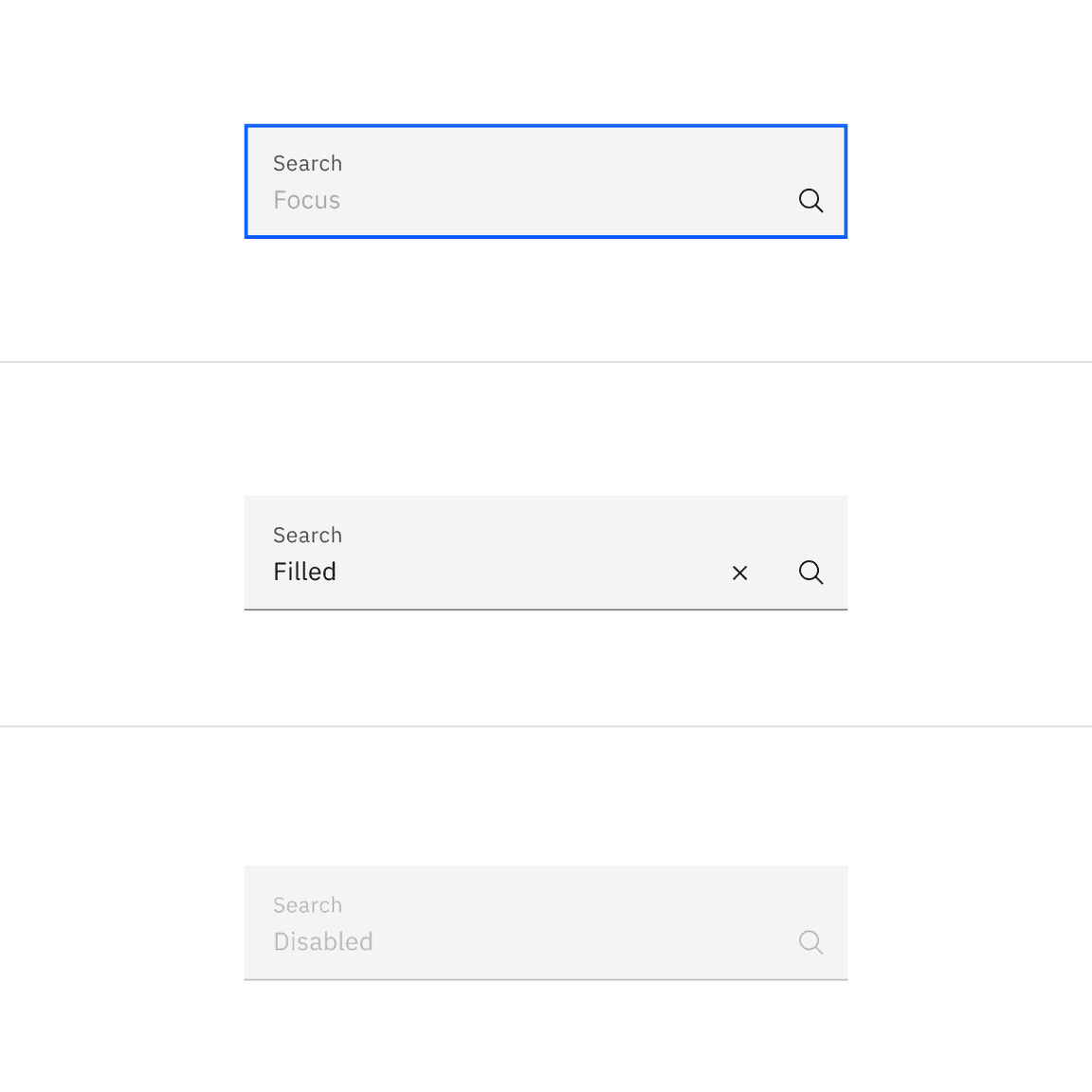 Examples of focus, filled, and disabled search states