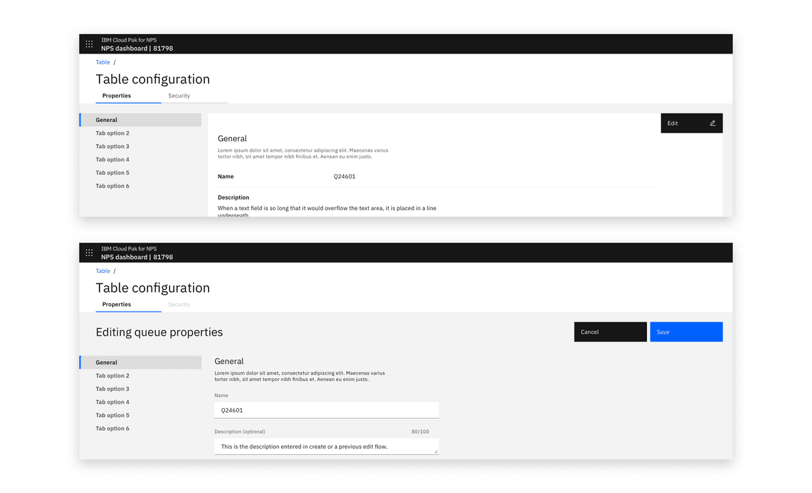 Example of a properties view in reading (top) and editing (bottom) views